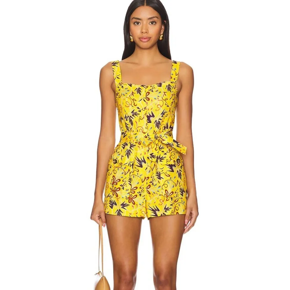 ALC Gilmour Romper Jumpsuit Women Sz 2 Yellow Printed Linen Sleeveless Playsuit